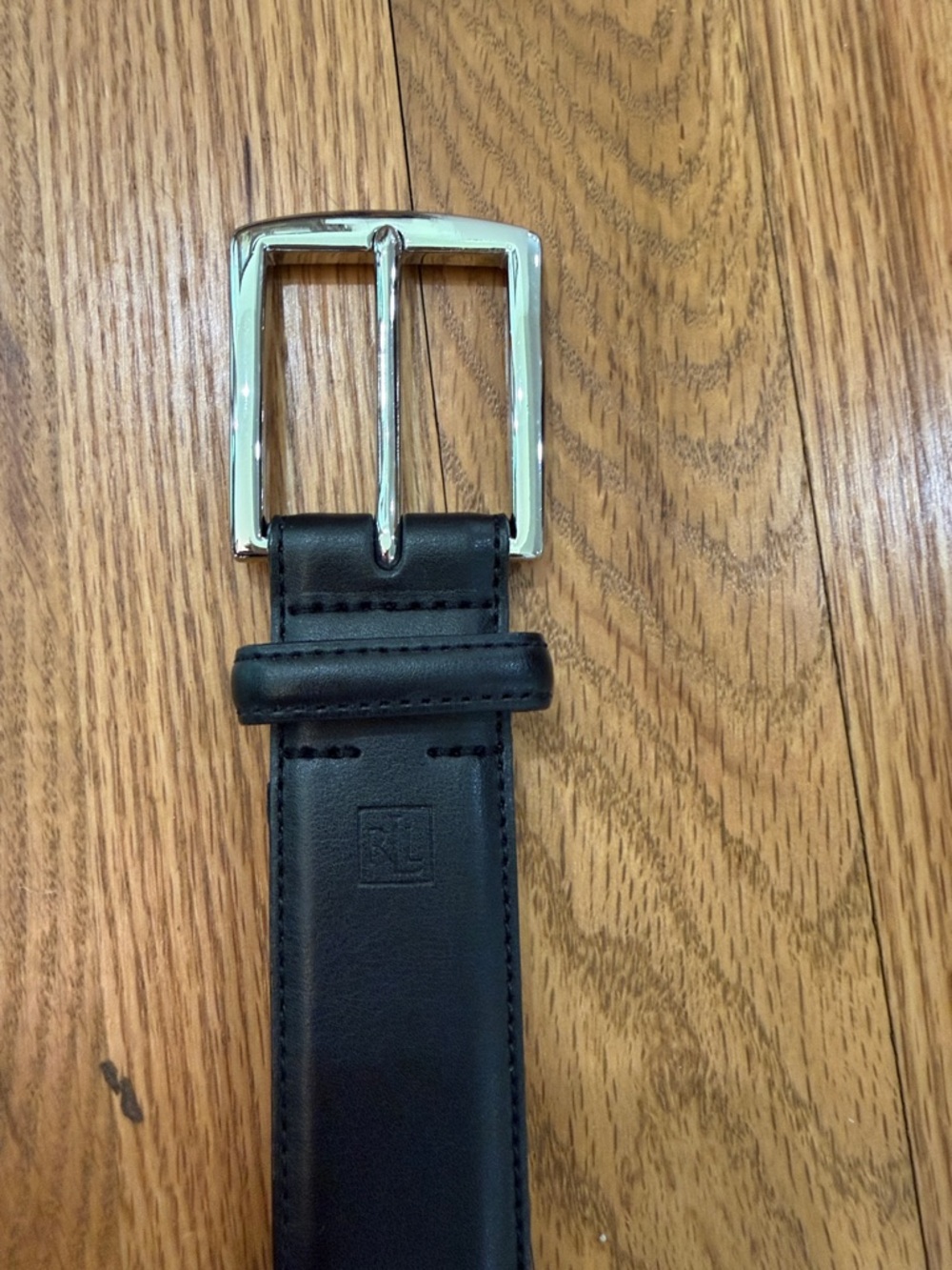 Lauren Ralph Lauren Black Leather Belt with Silver Buckle, 42
